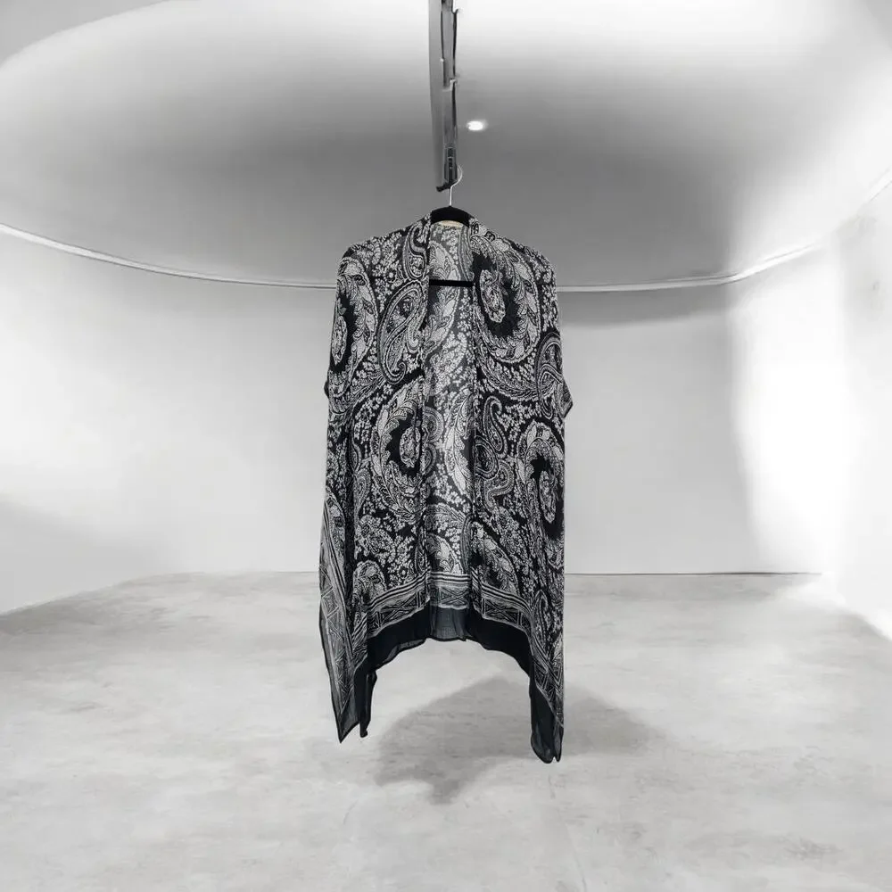 Soft Surroundings Kimono Wrap Black White Paisley Floral Soft Open One Size OS